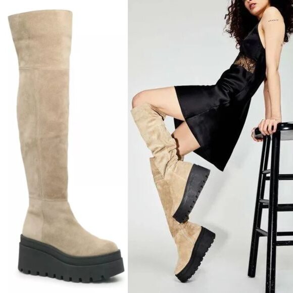 Free People London Calling Wedge Over-the-Knee Boots Size 37 7 Stone Suede NEW - Picture 1 of 15